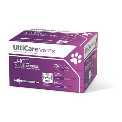Ulticare VetRx U-100 Insulin Syringes 3/10cc, 31G, 5/16 Inch, 60ct, 1/2 Unit Markings