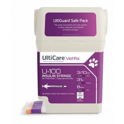 Ulticare VetRx U-100 Insulin Syringes 3/10cc, 31G, 5/16 Inch, 100ct, 1/2 Unit Markings, Sharps Container