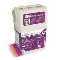 Ulticare VetRx U-100 Insulin Syringes 3/10cc, 31G, 5/16 Inch, 100ct, 1/2 Unit Markings, Sharps Container; ?>