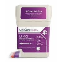 UltiCare VetRx U-40 Insulin Syringes 3/10cc, 29G, 1/2 inch, 100ct, Half Unit Markings, Sharps Container; ?>