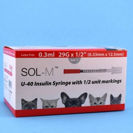 SOL-M U-40 Insulin Syringes for Dogs and Cats - 3/10cc, 29G, 1/2 inch, with 1/2 Unit Markings, 100ct