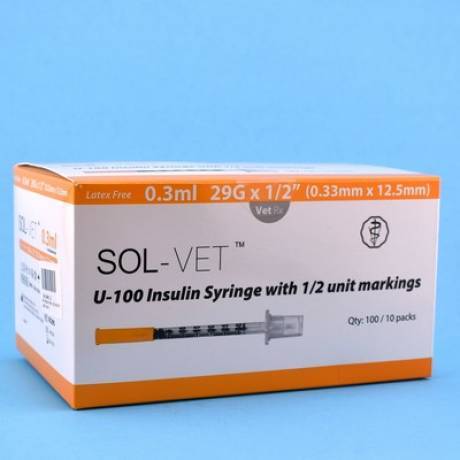 SOL-M U-100 Insulin Syringes for Dogs and Cats - 3/10cc, 29G, 1/2 inch, with 1/2 Unit Markings, 100ct