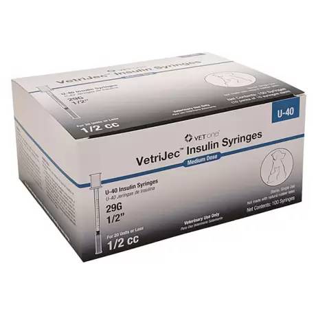VetriJec U-40 Insulin Syringes for Cats and Dogs - 1/2cc, 29G, 1/2 inch, 100ct