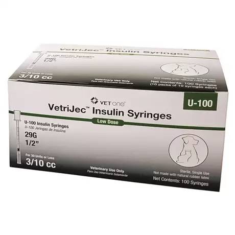 VetriJec U-100 Insulin Syringes for Cats and Dogs - 3/10cc, 29G, 1/2 inch, 100ct