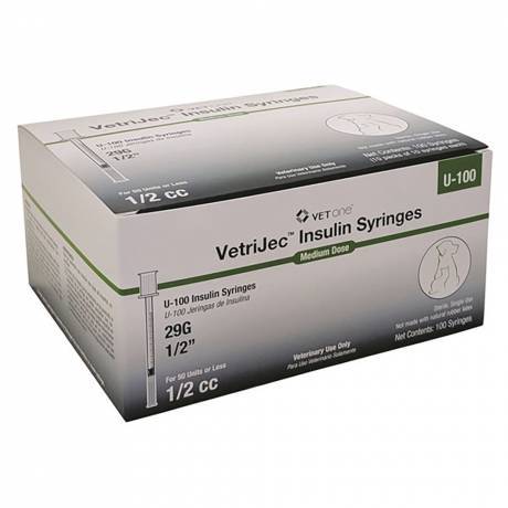 VetriJec U-100 Insulin Syringes for Cats and Dogs - 1/2cc, 29G, 1/2 inch, 100ct