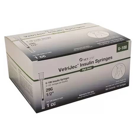 VetriJec U-100 Insulin Syringes for Cats and Dogs - 1cc, 29G, 1/2 inch, 100ct