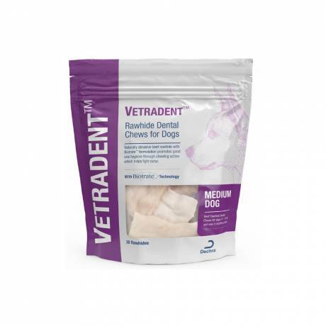 Vetradent - 30 Rawhide Dental Chews for Medium Dogs with Biotrate