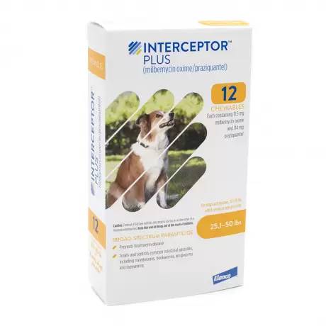 Interceptor Plus Chewables - for Dogs 25.1-50 lbs, 12 Month Supply Heartworm and Dewormer