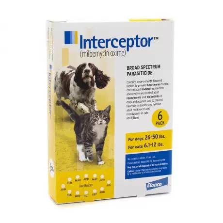 Interceptor Flavor Tabs - for Heartworm in Dogs 26-50 lbs or Cats 6.1-12 lbs, 6 Month Supply