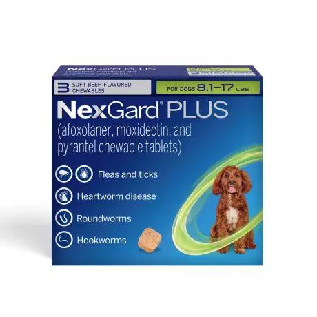 NexGard PLUS chewables for Dogs for prevention of parasites, Small Dogs 8.1-17 lbs, 3 chewables