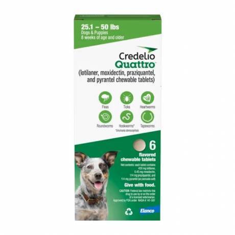 Credelio Quattro for Dogs 25.1-50 lbs (450mg), 6 Chewable Tablets