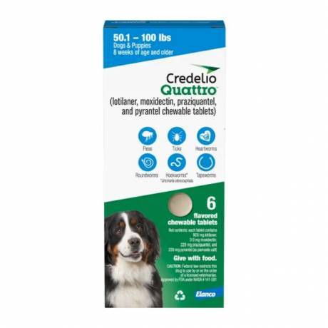 Credelio Quattro for Dogs 50.1-100 lbs (900mg), 6 Chewable Tablets